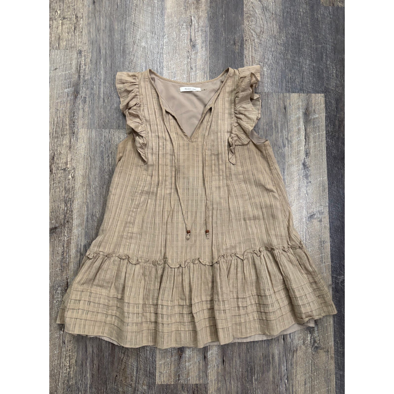Mustard Seed Tan Ruffle Sleeveless Mini Dress Plaid Texture V-Neck S21006 Mens M